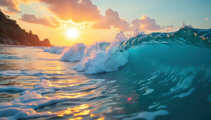Obraz premium A stunning wave breaks against the shore, illuminated by a vibrant sunset, casting golden hues across the water.