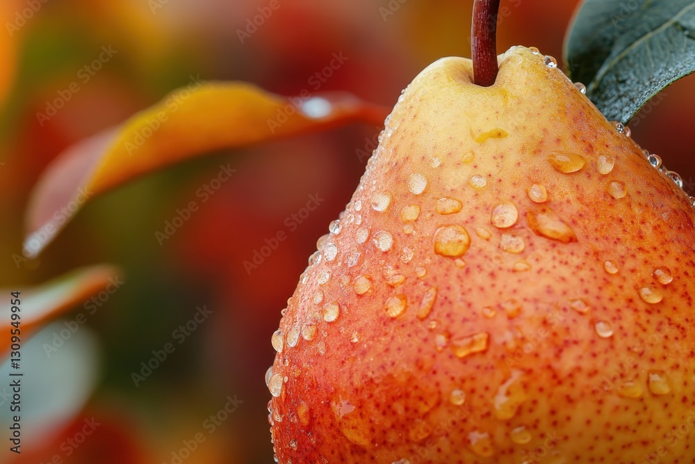 Poster fresh pear hanging on tree branch adorned with dew drops during early morning sunlight in a vibrant 