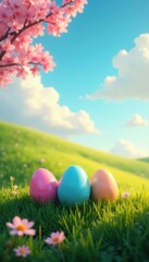 Sunrise paints pastel eggs on grassy knoll, blue sky backdrop , dawn, knoll