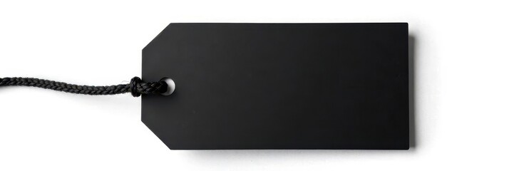 Fototapeta premium Black tag, tied with thick rope, isolated on white , shadow, mockup, black tag