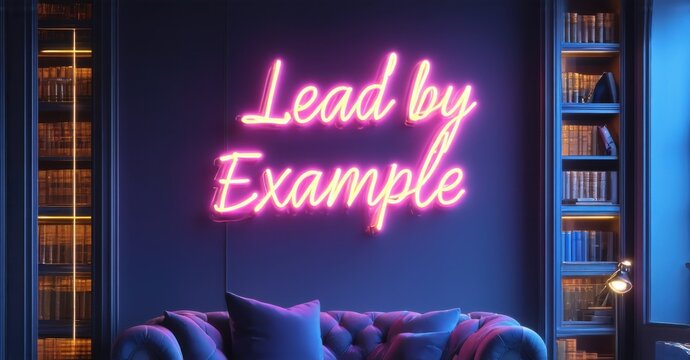 Neon sign lead example radiant gold cyber violet floating inside ceo s private office softly illuminating sleek glass bookshelves