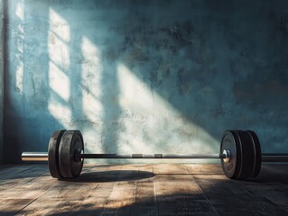 Weightlifting barbell in gym