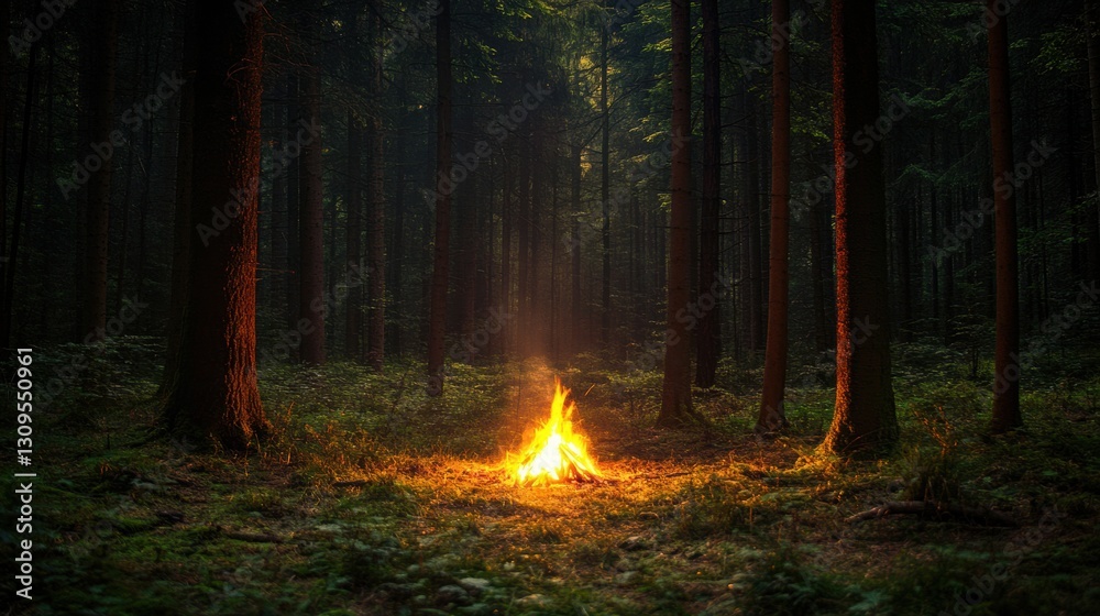 Leinwandbilder solitary campfire flickers in a forest clearing at night surrounded by towering trees and dark wilde