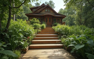Fototapeta premium Quaint Wooden Cabin Nestled in Lush Green Forest