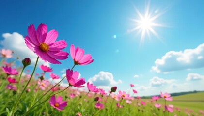 Obraz premium Vibrant cosmos flowers bloom in a sun-drenched meadow under a vast blue sky , outdoor, vibrant