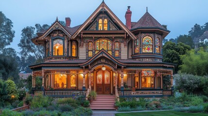 Fototapeta premium A beautifully ornate Victorian house with intricate details, glowing windows, and surrounded by lush greenery, showcasing classic architectural charm.