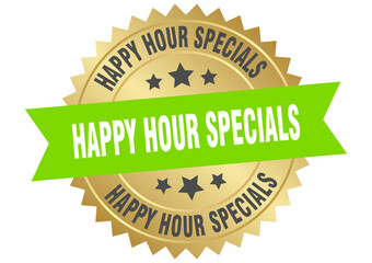 happy hour specials. happy hour specials round green and gold label isolated on transparent background
