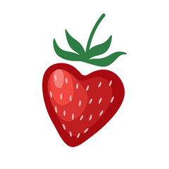 Cute strawberry in a cartoon style. Bright heart shaped strawberry isolated on white background. Can be used as a vector icon, sticker, greeting card etc.