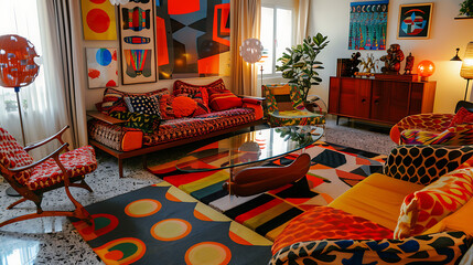 Naklejka premium A retro 70s-inspired lounge with bold patterns and vintage furniture