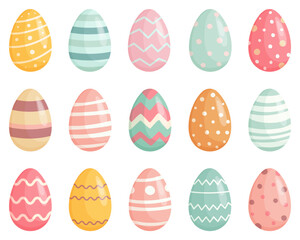A collection of colorful Easter eggs with various decorative patterns on a white background. Bright festive design, perfect for holiday themes and seasonal decorations.