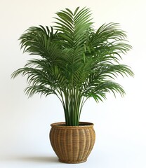 Obraz premium Lush green indoor palm plant in a decorative woven pot against a bright minimalistic background ideal for home decor and interior design inspiration