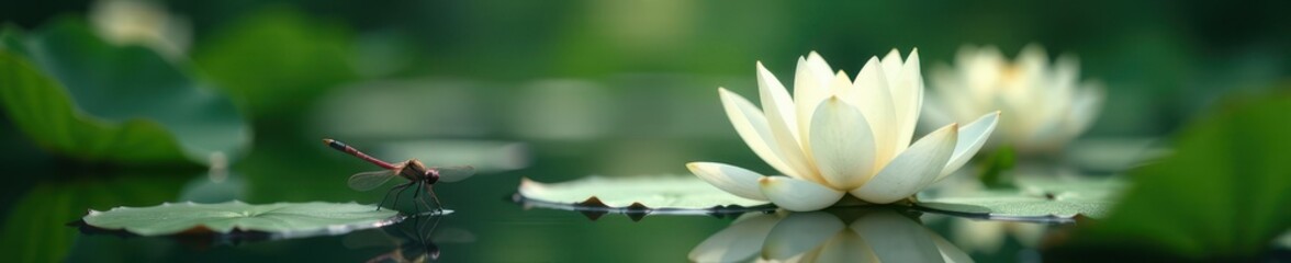Fototapeta premium Elegant white lotus blossoms, dragonfly in serene lake, pond, dragonfly