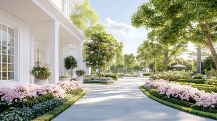 Obraz premium Springtime Bliss: An Exterior Walkway with Lush Hydrangeas leading to a Beautiful Landscaped Garden