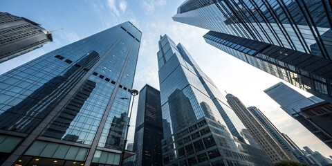 Skyscrapers Perspective Glass and Steel Giants Against Blue Sky, architecture, cityscape
