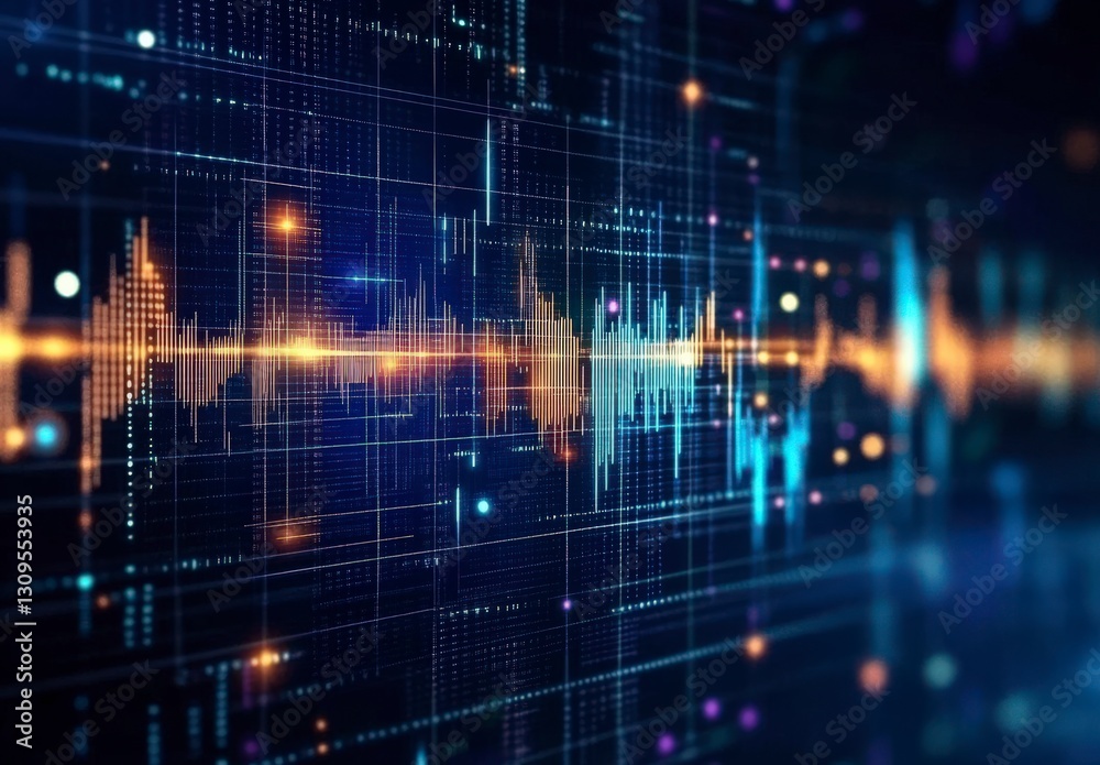 Poster abstract digital soundwave visualization with vibrant colors and intricate patterns, representing au