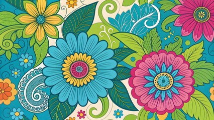 Vibrant Floral Pattern with Colorful Flowers and Leaves for Creative Designs and Backgrounds