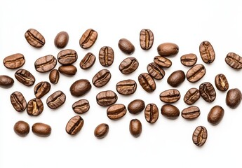 Naklejka premium Scattered coffee beans on a white background, showcasing their rich brown color and unique textures.