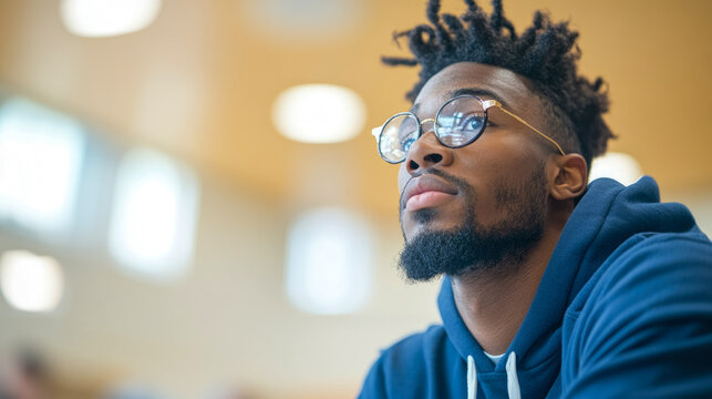 Contemplative Study: A student with glasses in deep thought in a classroom, design for education, training or personal development resources.
