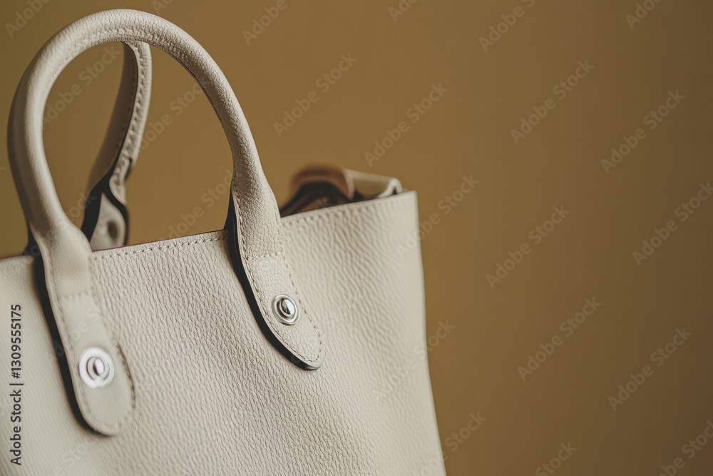Poster soft beige handbag placed against a warm, textured background showing its elegant design and craftsm