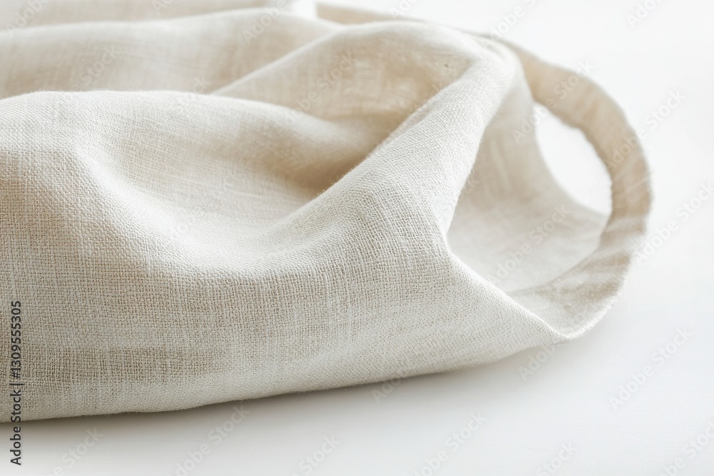 Poster natural linen fabric draped elegantly on a clean, bright surface emphasizing texture and softness