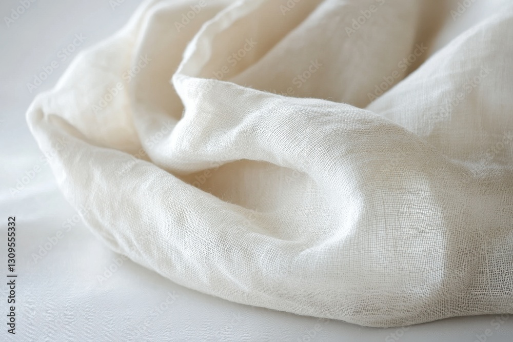 Poster Soft white fabric draping gently on a flat surface, creating a serene and calming atmosphere indoors