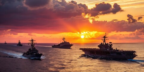 Obraz premium Naval Fleet at Sunset Ships sailing on the ocean during a vibrant sunset, military , maritime