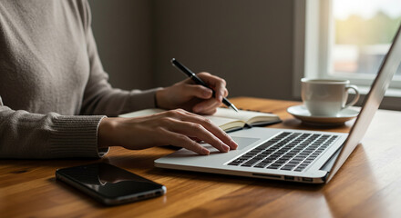 Fototapeta premium Remote Work: Woman Working on Laptop and Taking Notes at Home.