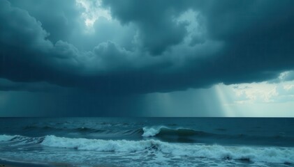 Heavy, slate-grey clouds unleash a torrent of rain over a restless sea , moody, image, cloud
