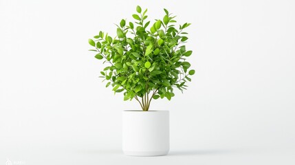 A small, lush green eucalyptus plant in a white pot, set against a light background, symbolizing freshness and nature.