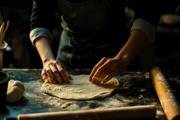 Baker Kneading Dough on Dark Countertop
