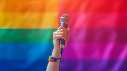 Woman's fist holding a microphone with a rainbow flag backdrop, representing the voice of the LGBTQ+ community during Pride celebrations