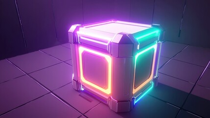 Dynamic neon-illuminated cube display virtual reality environment 3d graphic art futuristic setting close-up view