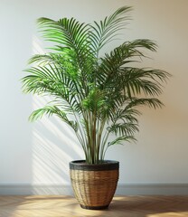Fototapeta premium Lush Green Indoor Plant in Woven Basket Standing Gracefully Against a Bright Wall with Soft Shadows and Natural Light Pouring Through a Nearby Window