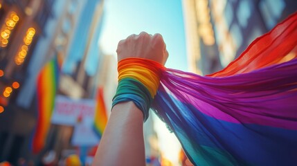  fist wrapped in a rainbow  set against a background of Pride Day marchers holding banners for equality and freedom