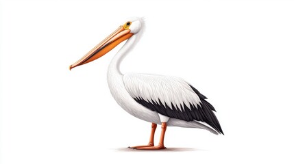 Obraz premium A detailed illustration of a pelican standing upright, showcasing its distinctive long bill and contrasting black and white plumage.