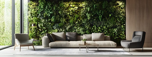 Obraz premium A living room with plants, white walls, and a green accent wall, modern furniture 