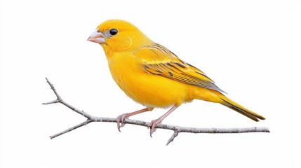 Fototapeta premium A vibrant yellow canary perched on a branch, showcasing its bright plumage against a clean white background.
