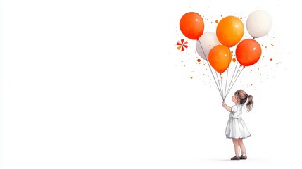 A joyful child in a white dress holds colorful balloons, celebrating a festive moment against a clean, white background.