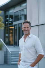 Fototapeta premium Cheerful Man at Modern Architecture