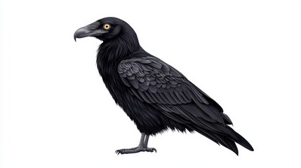 A black vulture stands in profile against a white background, showcasing its feathers and sharp features.
