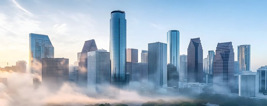 Houston skyline emerges from morning fog under a clear blue sky