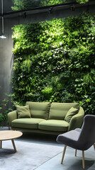 Fototapeta premium A living room with plants, white walls, and a green accent wall, modern furniture 