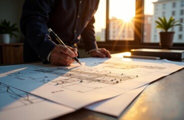 Architect in the office at the workplace.The architect draws a plan of buildings. Close -up hands.