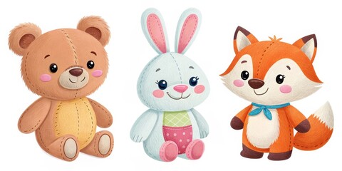 Naklejka premium Cute Stuffed Animals Teddy Bear, Bunny and Fox Dolls, Toys , Illustration