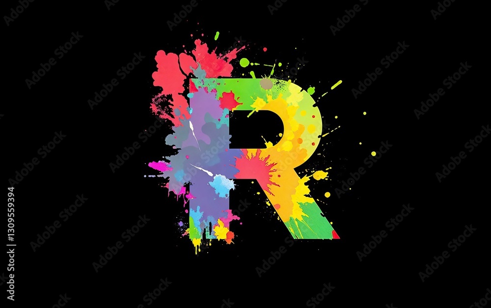Poster vibrant letter r bursting with color and paint splatters against stark black background modern and a