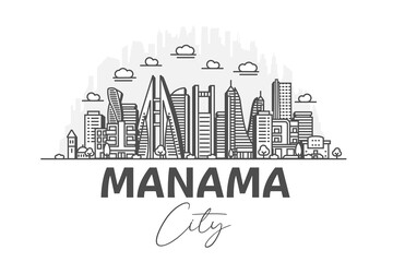 Naklejka premium Manama, Bahrain architecture line skyline illustration with shadows. Linear vector cityscape with famous landmarks, city sights, design icons.