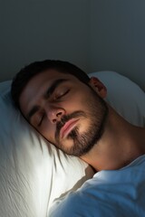A man is sleeping on a white pillow. He has a beard and a mustache. The pillow is white and the man is laying on it