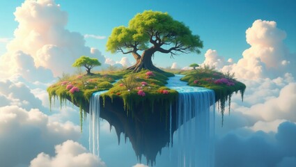 Obraz premium Enchanting Floating Island Paradise Waterfall Lush Greenery and Trees in Cloudscape
