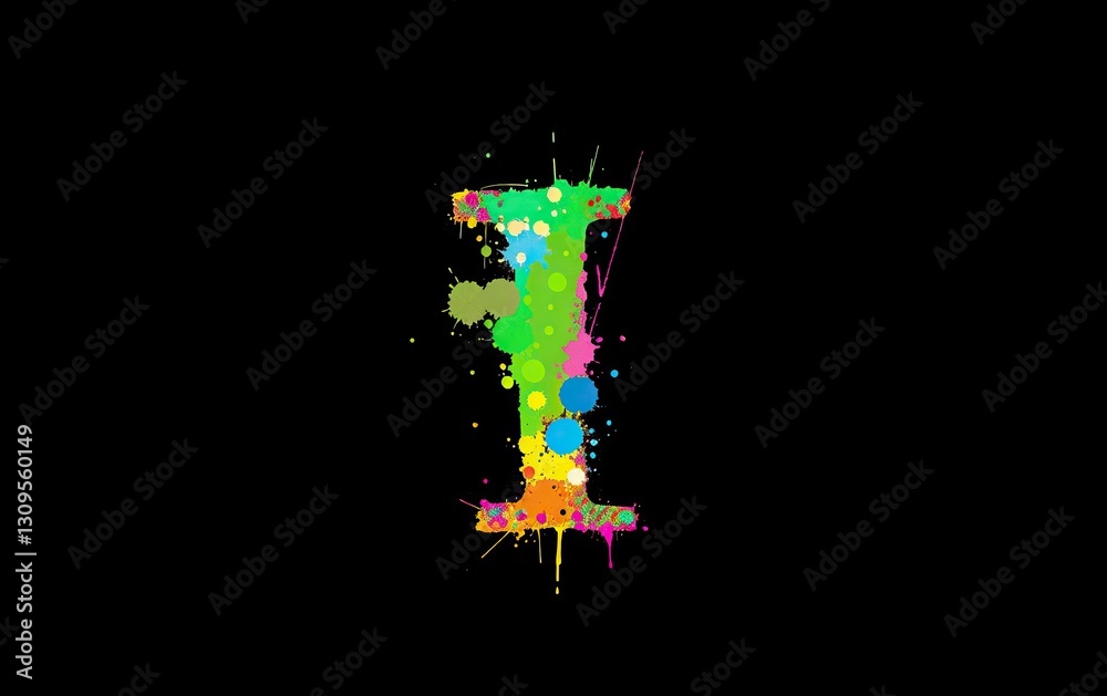 Poster colorful letter i created from paint splatters isolated on black background with playful artistic de