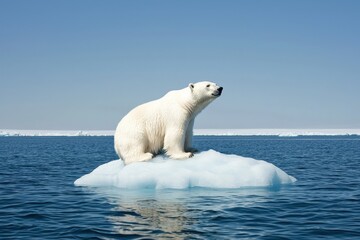 Polar Bear Stranded on Small Floating Ice in Melting Arctic Waters Under Clear Blue Sky